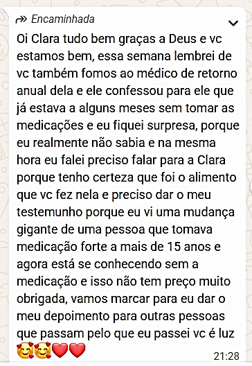Depoimento de cliente pelo WhatsApp relatando uma grande mudança após o atendimento